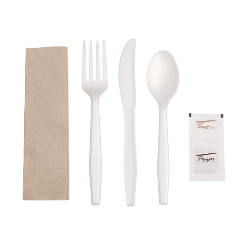6″ Compostable Cutlery Kit – Fork, Knife, Spoon, Napkin, S/P (250/case) - Eco-pliant