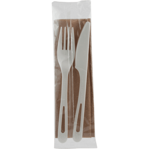 6″ Compostable Cutlery Kit – Fork, Knife, Napkin (500/case) - Eco-pliant