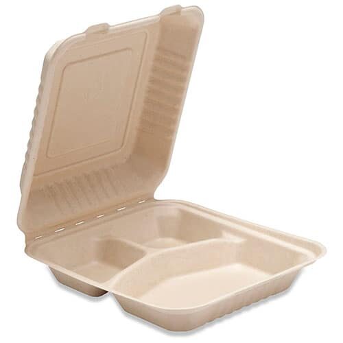 8x8x3 fiber compostable 3 compartment clamshell 200 cs